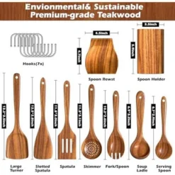 Itopfox Natural Teak Kitchen Cooking Utensil Set With Holder, Wooden Spoons For Cooking, 10PCS Cooking Spatulas Set With Spoon Rest, Wooden Utensil