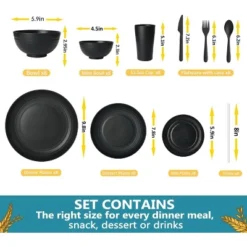 Itopfox 80-Piece Kitchen Plastic Wheat Straw Dinnerware Set, Includes Plates, Cups & Flatware, Dishwasher Safe, Unbreakable For Outdoor Use, Black