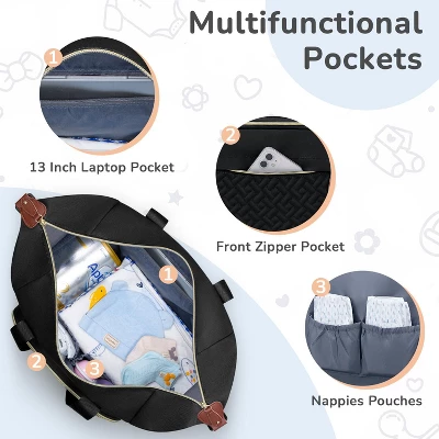 Itopfox Medium Black Diaper Tote Bag For Parents With Pacifier Case, 10 Pockets, Insulated Bottle Holders, Travel-Friendly 4 Itopfox Medium Black Diaper Tote Bag For Parents With Pacifier Case, 10 Pockets, Insulated Bottle Holders, Travel-Friendly - Image 2