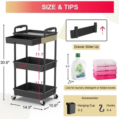 Itopfox 3-Tier Rolling Cart With Removable Drawer, Sturdy Utility Organizer With Lockable Wheels For Bathroom, Kitchen, Craft, Makeup Baby Essentials 5 Itopfox 3-Tier Rolling Cart With Removable Drawer, Sturdy Utility Organizer With Lockable Wheels For Bathroom, Kitchen, Craft, Makeup Baby Essentials - Image 3