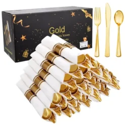 Itopfox 100-Pack Gold Plastic Cutlery Set With Napkins - Disposable Gold Utensils For Weddings, Parties, Thanksgiving - Includes Forks, Knives Spoons -Kitchen Chef GUEST dfdc6388 d214 4f91 b471 ce98ed995f9d