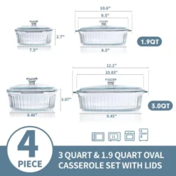 Itopfox 4-Piece Glass Casserole Baking Dish Set With Lids, Includes 2 Casseroles For Baking, Serving And Storing, Borosilicate Glass