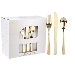 Itopfox 180-Piece Gold Plastic Cutlery Set - Disposable Flatware For Parties, Weddings, Thanksgiving - Includes Forks, Knives, Spoons -Kitchen Chef GUEST ef11b12a ce02 4fcb 9480 948397b66a4d