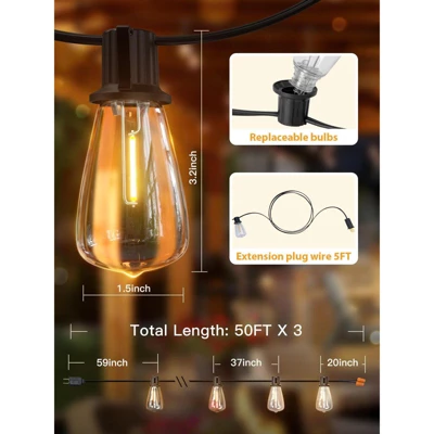 Itopfox Outdoor String Lights, Waterproof Patio Lights With 45+3 Shatterproof Dimmable LED Bulbs, Connectable For Backyard Garden 9 Itopfox Outdoor String Lights, Waterproof Patio Lights With 45+3 Shatterproof Dimmable LED Bulbs, Connectable For Backyard Garden - Image 7