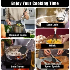 Itopfox 14-Piece Silicone Cooking Utensil Set With Holder, Spatula, Ladle, Spoon, Tong For Nonstick Cookware, Heat Resistant & Stainless Steel Handle -Kitchen Chef GUEST f195b044 97b5 42b0 8f56 d74ca109d584