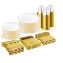 Itopfox 300PCS White And Gold Plastic Dinnerware Set For 50 Guests Includes Dinner Plates, Cake Plates, Cutlery, Cups For Wedding, Birthday -Kitchen Chef GUEST f3ed3056 384d 4f2b a2ff 8510b4b0c7b5