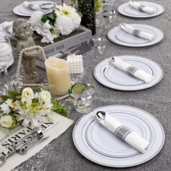 Itopfox Elegant Silver Plastic Dinnerware Set - Disposable Plates, Dessert Plates, Silver Rim Cups & Cutlery For Weddings, Parties - 50 Guest Service 11 Itopfox Elegant Silver Plastic Dinnerware Set - Disposable Plates, Dessert Plates, Silver Rim Cups & Cutlery For Weddings, Parties - 50 Guest Service -Kitchen Chef GUEST f8d47f65 7418 47dd b133 c932319eaa5b