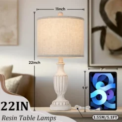 Kitchen Chef 33 Itopfox Farmhouse Table Lamps Set Of 2, White Rustic Vintage For Living Room Bedroom, Antique Bedside Desk Lamps With Linen Shade, Traditional Resin